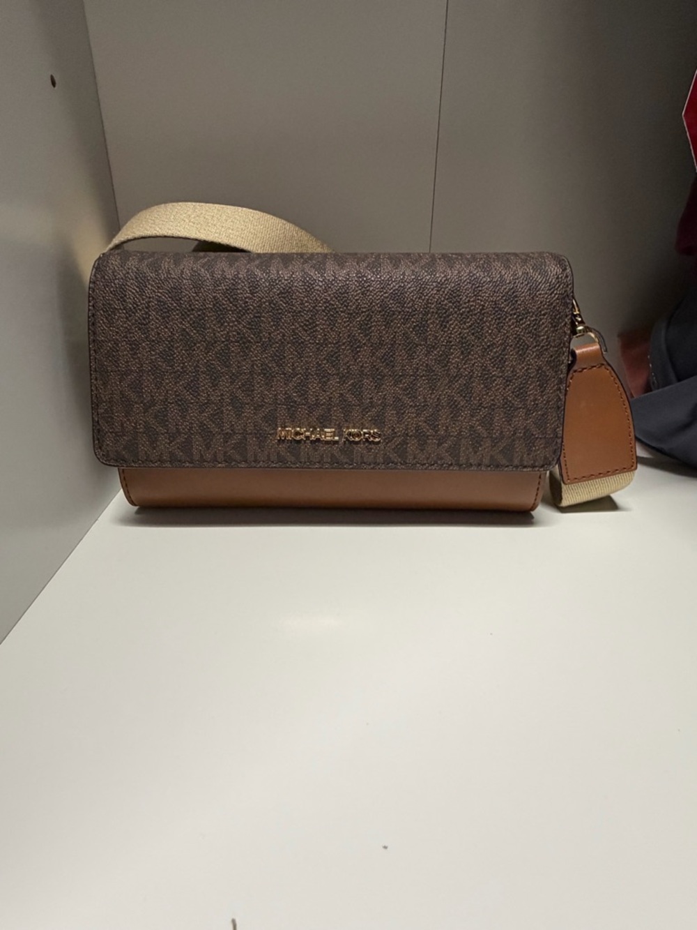 Michael Kors Brown Logo-Print Messenger with Tan Trim
